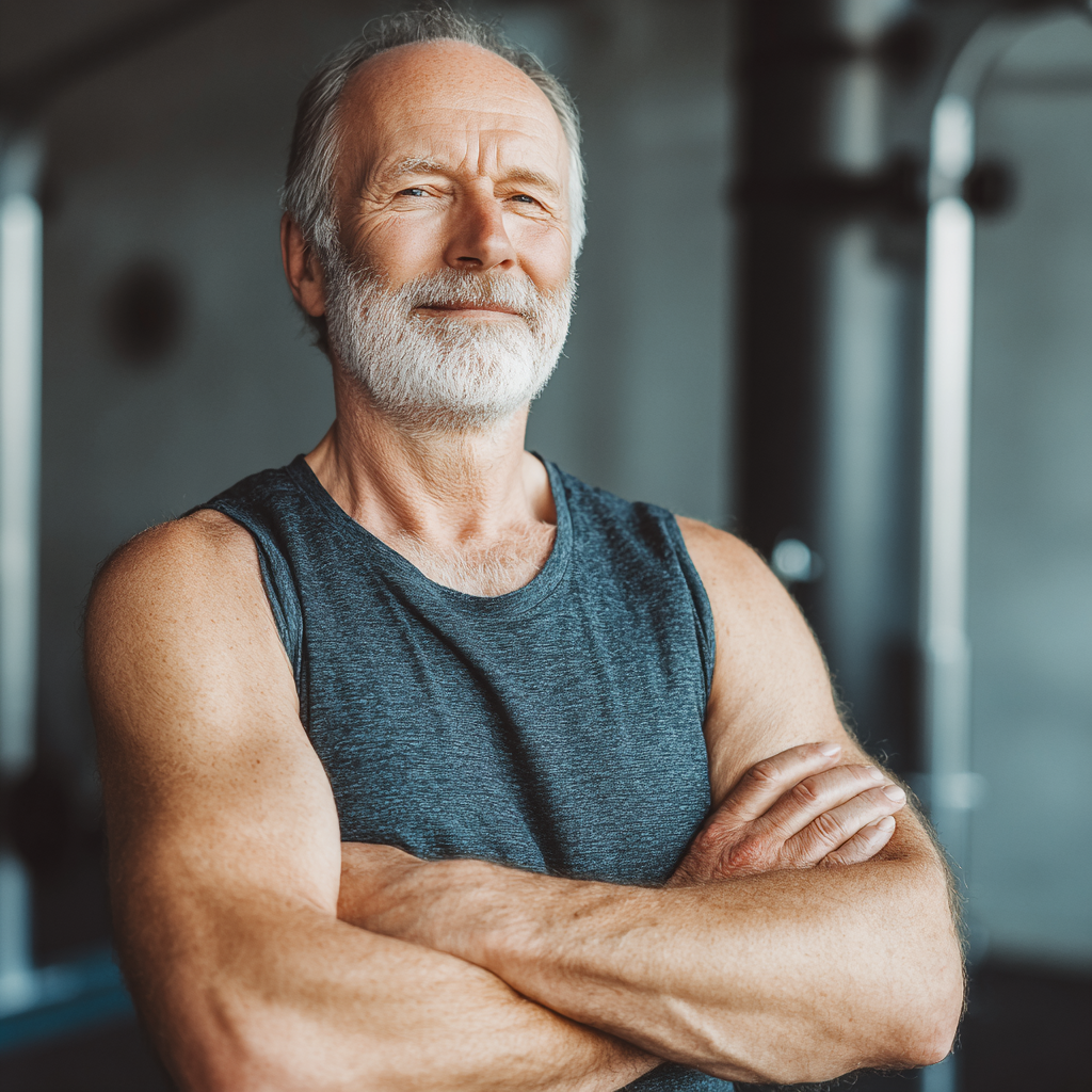 Confident older European man performing adaptive strength training with proper form in modern fitness studio