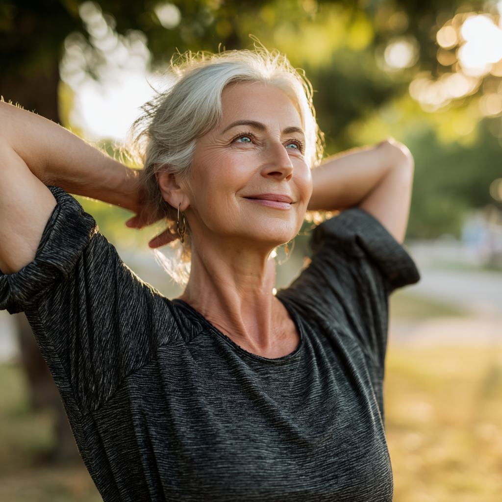 Peaceful older European woman practicing mindful movement and stretching in serene fitness environment with natural lighting